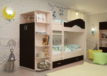 Детская 2-ярусная кровать Мая на щитах со шкафом и ящиками, корпус Млечный дуб, фасад Венге в Элисте - предосмотр
