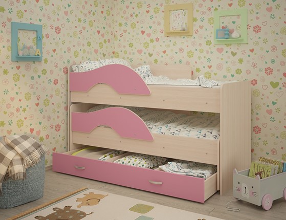 Детская 2-ярусная кровать Радуга 1.6 с ящиком, корпус Млечный дуб, фасад Розовый в Элисте - изображение