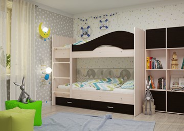 Детская  двухъярусная кровать Мая с 2 ящиками на щитах, корпус Млечный дуб, фасад Венге в Элисте - предосмотр 1