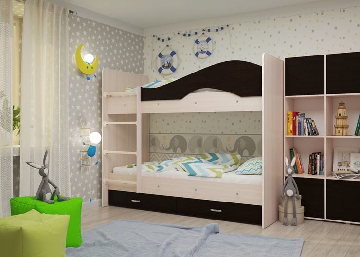 Детская  двухъярусная кровать Мая с 2 ящиками на щитах, корпус Млечный дуб, фасад Венге в Элисте - изображение 1