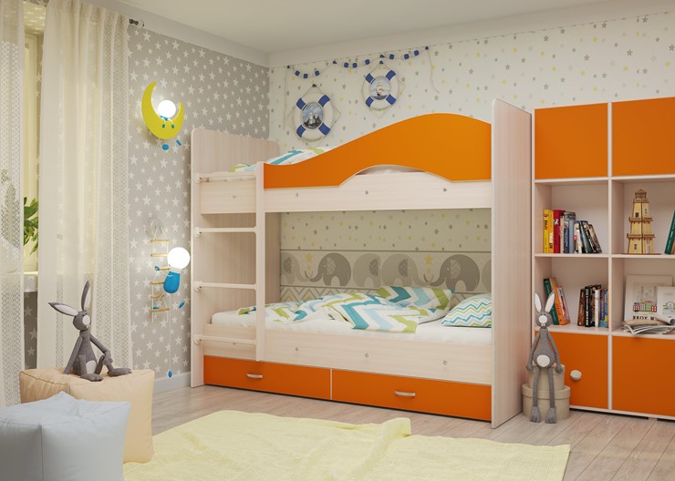 Детская двухъярусная кровать Мая на щитах, корпус Млечный дуб, фасад Оранжевый в Элисте - изображение 1