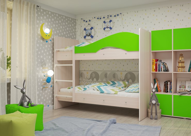 Двухъярусная детская кровать Мая на щитах, корпус Млечный дуб, фасад Салатовый в Элисте - изображение 1