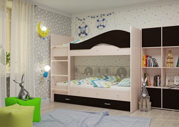 Детская 2-ярусная кровать Мая на щитах со шкафом и ящиками, корпус Млечный дуб, фасад Венге в Элисте - предосмотр 1
