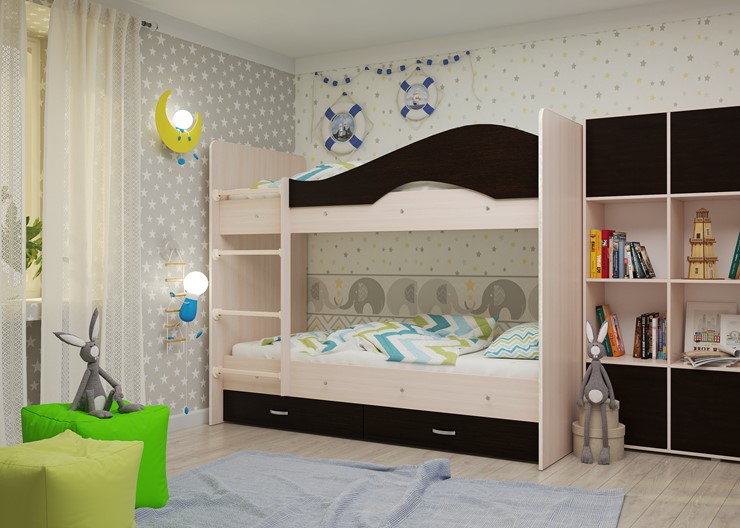 Детская 2-ярусная кровать Мая на щитах со шкафом и ящиками, корпус Млечный дуб, фасад Венге в Элисте - изображение 1