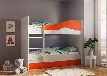 Кровать 2-ярусная Мая с 2 ящиками на щитах, корпус Млечный дуб, фасад Оранжевый в Элисте - предосмотр