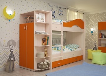 Кровать 2-ярусная Мая с 2 ящиками на щитах, корпус Млечный дуб, фасад Оранжевый в Элисте - предосмотр 1