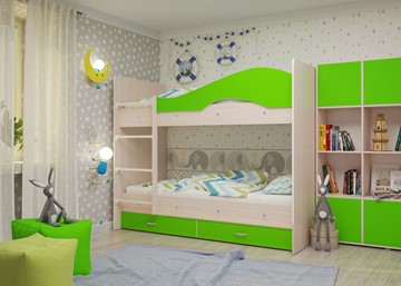 Двухэтажная детская кровать Мая с 2 ящиками на щитах, корпус Млечный дуб, фасад Салатовый в Элисте - предосмотр 1