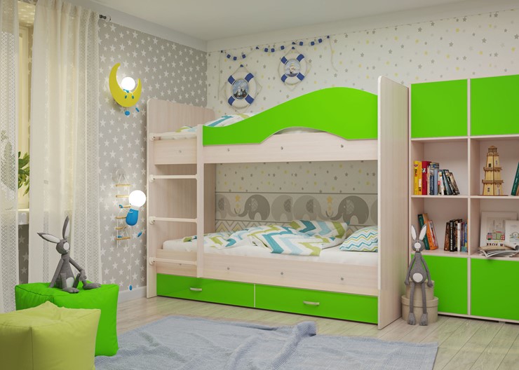Двухэтажная детская кровать Мая с 2 ящиками на щитах, корпус Млечный дуб, фасад Салатовый в Элисте - изображение 1