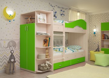 Двухэтажная детская кровать Мая с 2 ящиками на щитах, корпус Млечный дуб, фасад Салатовый в Элисте - предосмотр 2