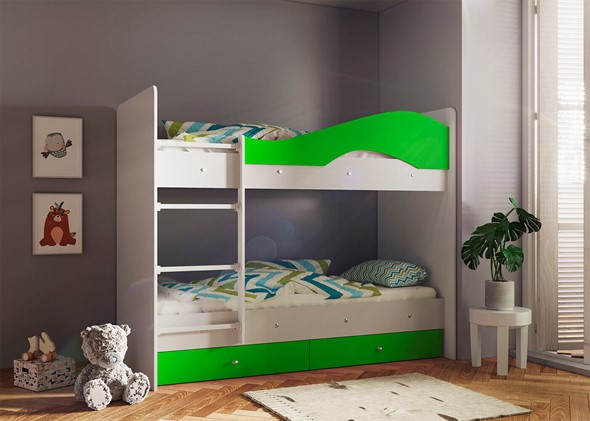 Двухэтажная детская кровать Мая с 2 ящиками на щитах, корпус Млечный дуб, фасад Салатовый в Элисте - изображение