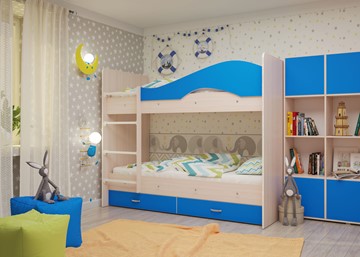 Детская 2-х ярусная кровать Мая с 2 ящиками на щитах, корпус Млечный дуб, фасад Синий в Элисте - предосмотр 3