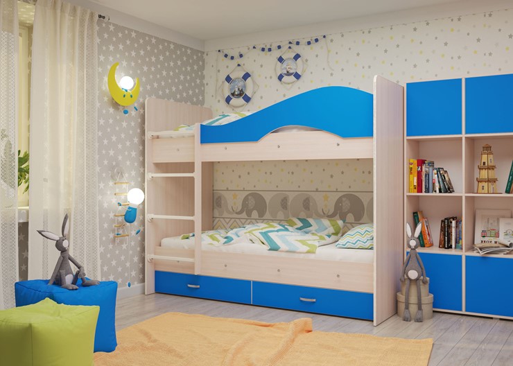 Детская 2-х ярусная кровать Мая с 2 ящиками на щитах, корпус Млечный дуб, фасад Синий в Элисте - изображение 3