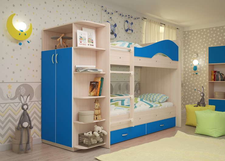Детская 2-х ярусная кровать Мая с 2 ящиками на щитах, корпус Млечный дуб, фасад Синий в Элисте - изображение 1