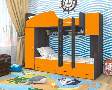 Детская кровать-шкаф Юниор-2, каркас Ясень анкор темный, фасад Оранжевый в Элисте