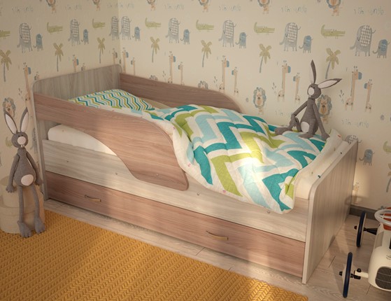 Детская кровать с бортиками Максимка, корпус Шимо светлый, фасад Шимо темный в Элисте - изображение