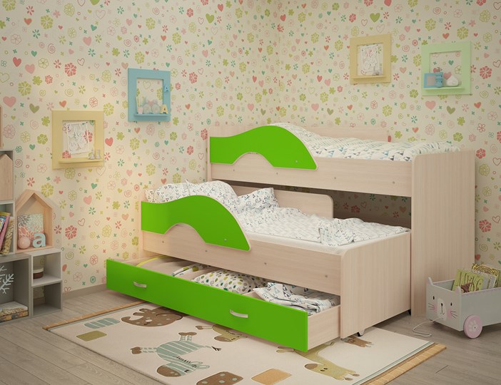Детская 2-х ярусная кровать Радуга 1.6 с ящиком, корпус Млечный дуб, фасад Салатовый в Элисте - изображение 1