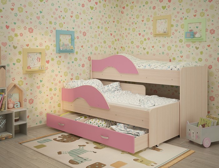 Детская 2-ярусная кровать Радуга 1.6 с ящиком, корпус Млечный дуб, фасад Розовый в Элисте - изображение 1
