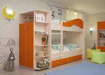 Двухъярусная кровать Мая на щитах со шкафом и ящиками, корпус Млечный дуб, фасад Оранжевый в Элисте