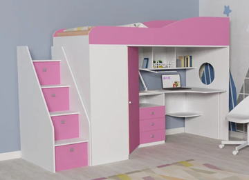 Детская кровать-шкаф Кадет-1 с универсальной лестницей, корпус Белое дерево, фасад Розовый в Элисте