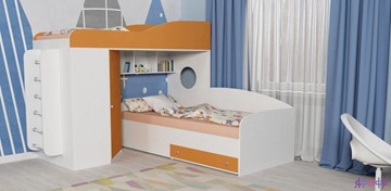 Детская кровать для мальчика Кадет-2 с металлической лестницей, корпус Белое дерево, фасад Оранжевый в Элисте
