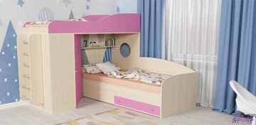 Детская кровать-шкаф Кадет-2 с металлической лестницей, корпус Дуб, фасад Розовый в Элисте