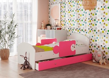 Кровать детская с бортиками и ящиком Мозайка, корпус Белый/фасад Розовый (ламели) в Элисте