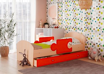 Кровать детская с бортиками и ящиком ТМК Мозайка, корпус Млечный дуб/фасад Оранжевый (щиты) в Элисте