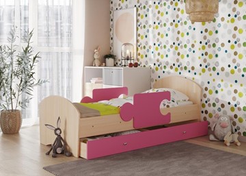 Детская кровать с ящиком и бортиками Мозайка, корпус Млечный дуб/фасад Розовый (ламели) в Элисте