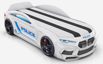 Кровать-машинка Romeo-М Police + подсветка фар, ящик, матрас, Белый в Элисте