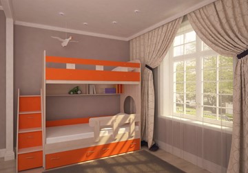 Детская 2-ярусная кровать Юниор-1 с бортом, каркас Дуб, фасад Оранжевый в Элисте - предосмотр