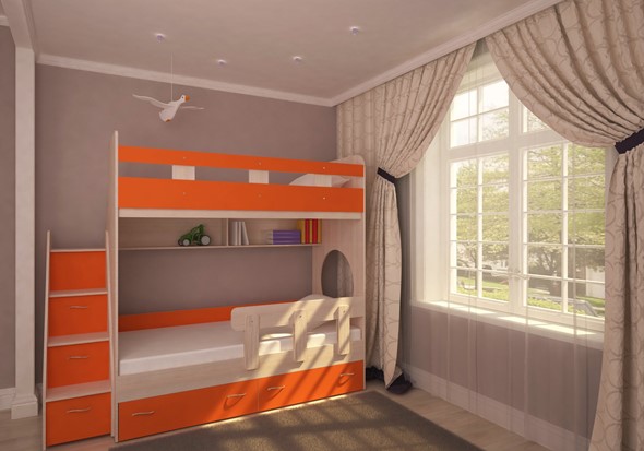 Детская 2-ярусная кровать Юниор-1 с бортом, каркас Дуб, фасад Оранжевый в Элисте - изображение