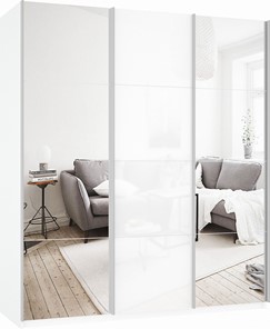 Шкаф 3-х створчатый Прайм (Зеркало/Белое стекло/Зеркало) 1800x570x2300, белый снег в Элисте