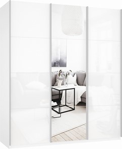 Шкаф-купе Прайм (Белое стекло/Зеркало/Белое стекло) 2100x570x2300, белый снег в Элисте