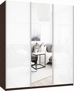 Шкаф 3-х створчатый Прайм (Белое стекло/Зеркало/Белое стекло) 1800x570x2300, венге в Элисте