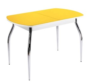 Кухонный стол раскладной ПГ-07 СТ2, белое/желтое стекло/35 хром гнутые металл в Элисте