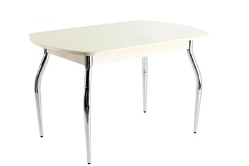 Кухонный обеденный стол ПГ-05 СТ1, дуб молочный/песочное стекло/35 хром гнутые металл в Элисте