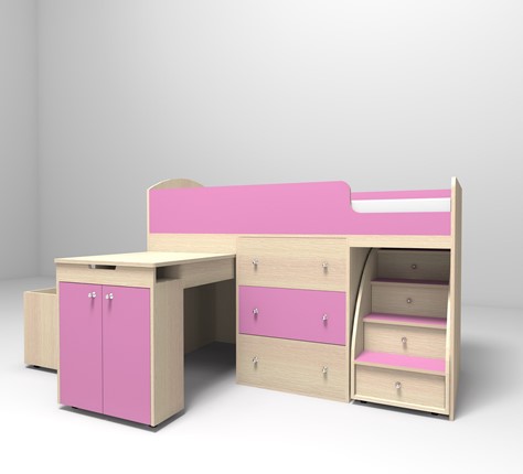 Кровать-чердак детская Малыш 1600, корпус Дуб, фасад Розовый в Элисте - изображение