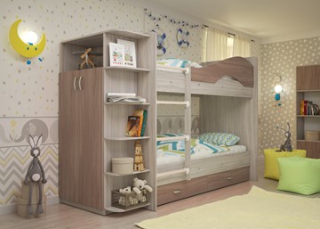 Детская 2-этажная кровать Мая на щитах со шкафом и ящиками, корпус Шимо светлый, фасад Шимо темный в Элисте - предосмотр
