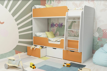 Детская 2-ярусная кровать Малыш двойняшка 70х160, корпус Белое дерево, фасад Оранжевый в Элисте - предосмотр