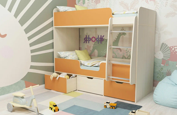 Двухъярусная детская кровать Малыш двойняшка 70х160, корпус Дуб молочный, фасад Оранжевый в Элисте - предосмотр