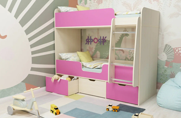 Детская 2-ярусная кровать Малыш двойняшка 70х160, корпус Дуб молочный, фасад Розовый в Элисте - предосмотр