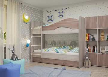 Детская 2-этажная кровать Мая на щитах со шкафом и ящиками, корпус Шимо светлый, фасад Шимо темный в Элисте - предосмотр 2