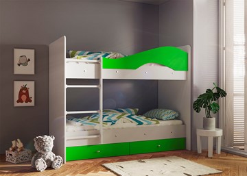 Двухэтажная детская кровать ТМК Мая с 2 ящиками на щитах, корпус Млечный дуб, фасад Салатовый в Элисте