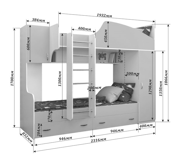 Детская двухэтажная кровать Юниор-2, каркас Белое дерево, фасад Розовый в Элисте - изображение 1