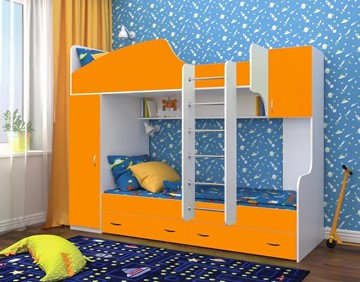 Детская 2-х ярусная кровать Юниор-2, каркас Белое дерево, фасад Оранжевый в Элисте - предосмотр