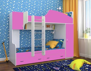 Детская двухэтажная кровать Юниор-2, каркас Белое дерево, фасад Розовый в Элисте - предосмотр