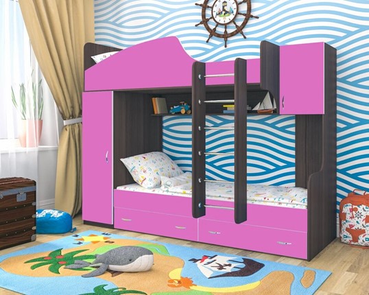 Детская двухэтажная кровать Юниор-2, каркас Ясень анкор темный, фасад Розовый в Элисте - изображение