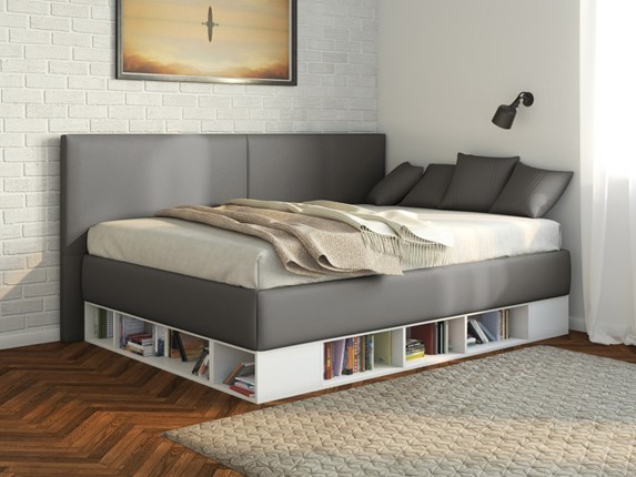 Подростковая кровать Lancaster 1, 120х200, ЛДСП белая, экокожа серая в Элисте - изображение