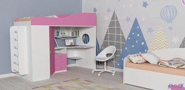 Кровать-чердак детская Кадет-1 с металлической лестницей, корпус Белое дерево, фасад Розовый в Элисте - предосмотр