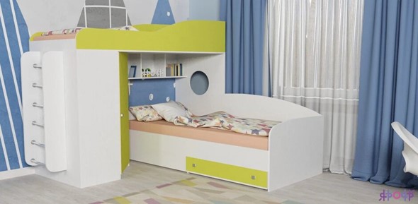 Детская кровать-чердак Кадет-2 с металлической лестницей, корпус Белое дерево, фасад Лайм в Элисте - изображение